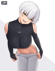 Rule 34 | 1girl, :d, breasts, clothing cutout, girls&#039; frontline, head tilt, highres, j adsen, large breasts, leaning forward, leggings, looking at viewer, navel, open mouth, original, short hair, shoulder cutout, signature, simple background, smile, solo, svu (girls&#039; frontline) (j adsen), undressing, white background, white hair, white leggings, yellow eyes