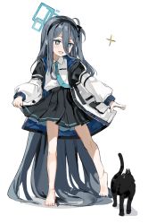 Rule 34 | 1girl, absurdly long hair, aris (blue archive), bare legs, barefoot, black cat, black skirt, blue archive, blue hair, blue necktie, blush, breast pocket, bright pupils, cat, coat, collared shirt, commentary request, full body, hair between eyes, hairband, halo, highres, long hair, long sleeves, looking down, necktie, one side up, open clothes, open coat, open mouth, pleated skirt, pocket, shirt, shirt tucked in, sidelocks, simple background, skirt, skirt hold, smile, solo, sparkle, standing, very long hair, white background, white coat, white pupils, white shirt, yuki hotaru
