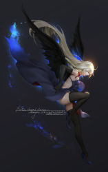 Rule 34 | 1girl, absurdres, black background, black gloves, black pantyhose, black thighhighs, black wings, blonde hair, blue dress, blue footwear, breasts, closed eyes, copyright name, dated, dress, elbow gloves, fate/grand order, fate (series), full body, gloves, high heels, highres, hu dako, jeanne d&#039;arc (fate), jeanne d&#039;arc alter (avenger) (fate), jeanne d&#039;arc alter (fate), leg up, long hair, medium breasts, pantyhose, parted lips, profile, red ribbon, ribbon, simple background, solo, thighhighs, very long hair, white background, wings