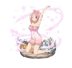 Rule 34 | 1girl, ;), arm up, armpits, barefoot, breasts, cleavage, collarbone, faux figurine, feet, floral print, frills, full body, hair ornament, hairclip, kneeling, lisbeth (sao), looking at viewer, medium breasts, naked towel, official art, one eye closed, pink hair, pink towel, red eyes, simple background, smile, solo, sword art online, towel, white background