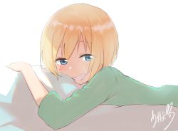 Rule 34 | 1girl, blonde hair, blue eyes, blush, commentary request, emirio (emirio110), erica hartmann, green shirt, grin, hair between eyes, highres, lying, on stomach, shirt, short hair, signature, simple background, smile, solo, strike witches, upper body, white background, world witches series