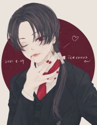 Rule 34 | 1boy, androgynous, bishounen, black hair, black jacket, black vest, blowing kiss, circle, commentary, dated, dress shirt, earrings, formal, hair over one eye, hair over shoulder, hair ribbon, hand up, head tilt, heart, highres, jacket, jewelry, kashuu kiyomitsu, long hair, long sleeves, looking at viewer, male focus, mole, mole under mouth, nail polish, necktie, one eye closed, outside border, parted bangs, parted hair, ponytail, red background, red eyes, red nails, red necktie, ribbon, shirt, solo, suit jacket, three-piece suit, touken ranbu, upper body, ushiyama ame, vest, white ribbon, white shirt