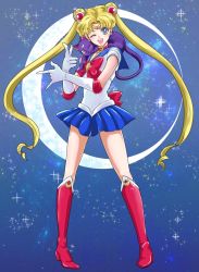 Rule 34 | 10s, 1girl, animal, animal on shoulder, bad id, bad pixiv id, bishoujo senshi sailor moon, bishoujo senshi sailor moon crystal, blonde hair, blue eyes, blue sailor collar, blue skirt, boots, cat, choker, circlet, crescent, crescent moon, double bun, earrings, elbow gloves, facial mark, forehead mark, full body, gloves, high heel boots, high heels, jewelry, knee boots, long hair, luna (sailor moon), miniskirt, mitsuru (91000), moon, one eye closed, open mouth, pleated skirt, pointing, red footwear, red ribbon, ribbon, sailor collar, sailor moon, skirt, sky, smile, solo, star (sky), starry sky, tsuki ni kawatte oshioki yo, tsukino usagi, twintails, very long hair, white gloves