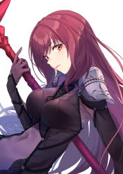 Rule 34 | armor, bodysuit, breasts, coffeekite, fate/grand order, fate (series), gae bolg (fate), highres, large breasts, leotard, long hair, pauldrons, polearm, purple bodysuit, purple hair, purple leotard, red eyes, scathach (fate), shoulder armor, spear, very long hair, weapon