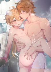 Rule 34 | 2boys, absurdres, aether (genshin impact), alternate hairstyle, anal, ass, blonde hair, blue eyes, blush, breath, completely nude, cum, earrings, ejaculation, genshin impact, gumilkx, hair between eyes, hair down, heart, heart-shaped pupils, height difference, highres, implied sex, jewelry, leg up, long hair, male focus, male penetrated, multiple boys, nipples, nude, orange eyes, orange hair, parted lips, sex, showering, single earring, standing, standing sex, symbol-shaped pupils, tartaglia (genshin impact), tears, towel, towel around waist, trap, trembling, wet, yaoi