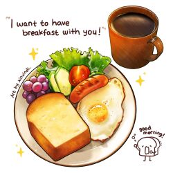 Rule 34 | artist name, bread slice, breakfast, coffee cup, cup, disposable cup, egg (food), english text, food, food focus, fried egg, fruit, grapes, highres, lettuce, no humans, original, shadow, simple background, sparkle, still life, toast, tomato, white background, xindi