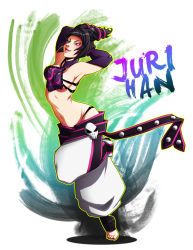 Rule 34 | 1girl, baggy pants, barefoot, belt, black hair, breasts, character name, chinese clothes, detached sleeves, drill hair, dudou, fingerless gloves, full body, gloves, glowing, glowing eye, hair ornament, halterneck, halterneck, han juri, highleg, highleg panties, highres, lips, lipstick, makeup, medium breasts, midriff, multiple belts, nail polish, navel, nose, panties, pants, purple eyes, setsuna22, short hair, short twintails, sideboob, smile, solo, standing, standing on one leg, street fighter, street fighter iv (series), toeless legwear, toenail polish, toenails, toes, twin drills, twintails, underwear