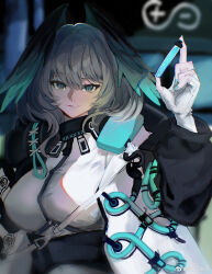 Rule 34 | 1girl, absurdres, aqua eyes, aqua nails, aqua wings, arknights, between breasts, breasts, coat, dark background, dress, feathered wings, fingerless gloves, fingernails, gloves, grey hair, grin, hair between eyes, head wings, highres, ho&#039;olheyak (arknights), holding, holding test tube, infection monitor (arknights), large breasts, long coat, long sleeves, looking at viewer, open clothes, open coat, open mouth, rhine lab logo, sharp fingernails, short hair, sidelocks, slit pupils, smile, solo, strap between breasts, test tube, upper body, weibo 6628261692, white dress, white gloves, wings