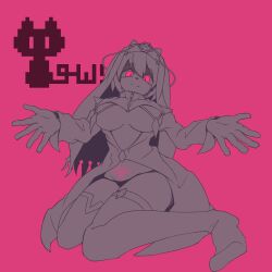 Rule 34 | 1girl, absurdres, asymmetrical legwear, breast curtains, breasts, closed mouth, emela (sequel), full body, gem, groin, highres, long sleeves, looking at viewer, medium breasts, mismatched legwear, outstretched arms, panties, pink background, pink eyes, pubic tattoo, sakumochi (pixiv4431677), sequel (series), sequel colony, short hair, simple background, smile, solo, split mouth, spot color, tattoo, thighhighs, thighs, underboob, underwear, zipper pull tab