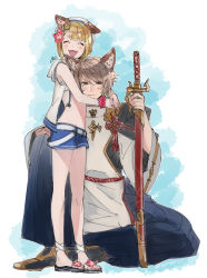 Rule 34 | 1boy, 1girl, ^ ^, animal ears, basara (granblue fantasy), belt, blonde hair, blue shorts, blush, brown hair, byon, closed eyes, closed mouth, dog ears, facing viewer, full body, granblue fantasy, hakama, hat, holding, holding sword, holding weapon, hood, hooded jacket, hug, jacket, japanese clothes, knee up, looking at viewer, navel, open mouth, sandals, scrunchie, sheath, sheathed, short hair, short shorts, shorts, signature, sitting, sleeveless, sleeveless jacket, smile, standing, sweatdrop, sword, vajra (granblue fantasy), vajra (summer) (granblue fantasy), weapon, wrist scrunchie