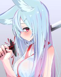 Rule 34 | 1girl, absurdres, animal ear fluff, animal ears, aqua hair, blush, grey background, hair between eyes, hair ornament, hairclip, hand up, highres, holding, holding sword, holding weapon, katana, long hair, looking at viewer, multicolored hair, myakuro, original, over shoulder, portrait, profile, purple hair, red eyes, simple background, sleeveless, solo, sword, sword over shoulder, two-tone hair, upper body, weapon, weapon over shoulder