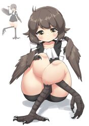 Rule 34 | 1girl, bird legs, black shorts, black vest, blush, borrowed character, brown feathers, brown wings, commentary, english commentary, feathered wings, feathers, frilled vest, frills, harpy, highres, kotori ootori (jupiter1390), looking at viewer, monster girl, original, reference inset, short hair, shorts, sifserf, sitting, solo, talons, thick thighs, thighs, vest, white background, winged arms, wings, yellow eyes