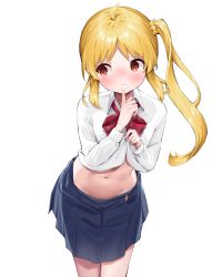 Rule 34 | 1girl, ahoge, blonde hair, blue skirt, blush, bocchi the rock!, bow, clothes lift, collared shirt, finger to mouth, hand up, highres, ijichi nijika, k mugura, lifting own clothes, long hair, long sleeves, looking away, looking to the side, navel, parted bangs, pleated skirt, polka dot, polka dot bow, red bow, red eyes, shirt, shirt lift, shushing, side ponytail, simple background, skirt, solo, standing, stomach, very long hair, white background, white shirt