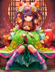 Rule 34 | 1girl, detached sleeves, hair ornament, highres, long hair, long image, looking at viewer, hugging object, original, pointing, pointing at viewer, purple hair, red eyes, sitting, smile, solo, stuffed animal, stuffed toy, teddy bear, teko, twintails, wide image