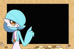 Rule 34 | 1girl, alternate color, black background, blue hair, blue skin, bob cut, brick wall, colored skin, creatures (company), female focus, from behind, game freak, gardevoir, gen 3 pokemon, hair over one eye, hand up, happy, highres, index finger raised, indoors, looking at viewer, looking back, multicolored skin, nintendo, one eye covered, open mouth, orange eyes, pokemon, pokemon (creature), shiny pokemon, short hair, smile, solo, standing, template, two-tone skin, upper body, white skin, yuri (fl0werspace)