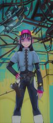 Rule 34 | 1girl, absurdres, blue hair, blue jacket, blue pants, commentary, commission, copyright request, dagger, english commentary, gun, handgun, highres, holster, jacket, knife, layered sleeves, long hair, long sleeves, looking at viewer, mossacannibalis, pants, pistol, pouch, ringed eyes, short over long sleeves, short sleeves, smile, solo, standing, visor cap, weapon