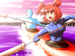Rule 34 | 1girl, boat, bodysuit, diving suit, female focus, ghost, hair bobbles, hair ornament, kayak, oar, onozuka komachi, open mouth, red eyes, red hair, shirosato, solo, touhou, twintails, two side up, water, watercraft, wetsuit