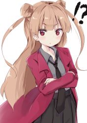Rule 34 | !?, 10s, 1girl, amabuki maria, amano kouki, black necktie, black skirt, blush, character request, closed mouth, collared shirt, commentary request, crossed arms, double bun, grey shirt, hair bun, highres, jacket, light brown hair, long hair, long sleeves, looking at viewer, necktie, open clothes, open jacket, pleated skirt, red eyes, red jacket, shirt, side bun, simple background, skirt, solo, two side up, v-shaped eyebrows, very long hair, white background, zombie land saga