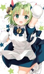 Rule 34 | 1girl, :d, absurdres, ahoge, animal ears, animal hat, apron, arm up, bell, blue bow, blue dress, blush, bow, cat ears, cat hat, collared dress, commentary request, dejiko, di gi charat, dress, fake animal ears, frilled apron, frills, green eyes, green hair, hair bell, hair bow, hair ornament, hat, highres, idemitsu, jingle bell, maid, mittens, open mouth, parted bangs, paw shoes, puffy short sleeves, puffy sleeves, shoes, short sleeves, smile, socks, solo, standing, standing on one leg, star (symbol), starry background, white apron, white background, white footwear, white hat, white mittens, white socks