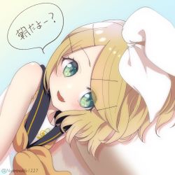 Rule 34 | 1girl, bare arms, bare shoulders, blonde hair, blush, bow, dutch angle, eyelashes, fang, green eyes, hair bow, hair ornament, hairclip, highres, kagamine rin, looking at viewer, lying, neckerchief, noa (retsuhim6927), on side, sailor collar, skin fang, smile, translation request, treble clef, vocaloid, white bow, yellow neckerchief