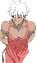 Rule 34 | 1boy, apron, archer (fate), closed mouth, collarbone, dark-skinned male, dark skin, emya, fate/stay night, fate (series), grey eyes, looking down, male focus, naked apron, pectoral cleavage, pectorals, pink apron, simple background, solo, tying, white background, white hair