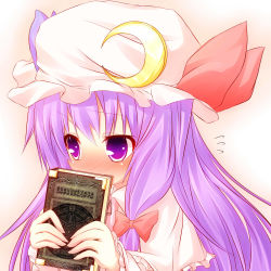 Rule 34 | 1girl, blush, book, bow, capelet, covering face, covering own mouth, covering privates, crescent, female focus, flying sweatdrops, hair bow, hair ribbon, hat, highres, holding, long hair, looking away, magic circle, nightgown, no nose, patchouli knowledge, pentagram, pink background, purple eyes, purple hair, ribbon, simple background, solo, touhou, very long hair, wakagi repa