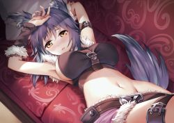 Rule 34 | 1girl, animal ear fluff, animal ears, arm behind head, arm warmers, armpits, arms up, belt, black hair, blue hair, blush, breasts, brown eyes, buckle, clothes pull, commentary request, couch, crop top, fur-trimmed skirt, fur trim, groin, hand on forehead, large breasts, looking at viewer, lying, makoto (princess connect!), multicolored hair, navel, on back, on couch, open mouth, ouka (ra-raradan), pillow, princess connect!, princess connect!, purple skirt, sideboob, skirt, skirt pull, solo, stomach, tail, thigh strap, two-tone hair