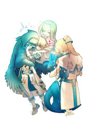 Rule 34 | 2boys, 2girls, asymmetrical wings, bad id, bad pixiv id, blonde hair, blue hair, bow, closed eyes, dizzy (guilty gear), eyepatch, family, father and son, guilty gear, guilty gear 2, guilty gear xrd, highres, hug, husband and wife, ky kiske, long hair, mother and son, multiple boys, multiple girls, necro (guilty gear), ponytail, red eyes, ribbon, san (winteroll), sin kiske, skull, tail, tail ornament, tail ribbon, tears, twintails, undine (guilty gear), wings