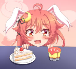 Rule 34 | 1girl, ahoge, animal ears, bad id, bad pixiv id, black ribbon, blush, cake, cake slice, commentary request, crescent, crescent hair ornament, drooling, fang, food, fruit, hair between eyes, hair ornament, hair ribbon, kantai collection, long hair, open mouth, plate, pudding, rabbit ears, red eyes, red hair, ribbon, sills, solo, strawberry, table, uzuki (kancolle)