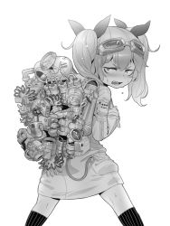 Rule 34 | 1girl, bacius, backpack, bag, blush, d:, d:&lt;, dress, exhausted, feet out of frame, female focus, from behind, goggles, goggles on head, greyscale, hair between eyes, jitome, kneehighs, kneepits, legs apart, long hair, long sleeves, looking at viewer, looking back, machinery, monochrome, open mouth, original, simple background, socks, solo, standing, steampunk, sweat, teeth, twintails, upper teeth only, v-shaped eyebrows, white background