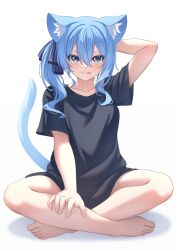 Rule 34 | 1girl, absurdres, animal ears, aoi zerii, arm behind head, arms up, bare legs, barefoot, black shirt, blue hair, blush, bottomless, cat ears, cat girl, cat tail, collarbone, crossed legs, facing viewer, feet, full body, hair between eyes, highres, hololive, hoshimachi suisei, long hair, long shirt, looking at viewer, naked shirt, oversized clothes, oversized shirt, shadow, shirt, solo, star (symbol), star in eye, symbol in eye, tail, tongue, tongue out, virtual youtuber, white background