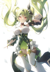 Rule 34 | 1girl, absurdres, ai-chan (chrono navi) (honkai impact), ai-chan (honkai impact), android, arm up, backlighting, barcode, barcode tattoo, blush, breasts, checkered hairband, commentary, green hair, hair ornament, highres, honkai (series), honkai impact 3rd, infinity (kkx132), joints, large breasts, long hair, looking at viewer, mechanical legs, parted lips, red eyes, robot joints, simple background, solo, tattoo, twintails