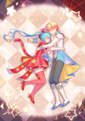 Rule 34 | 1boy, 1girl, absurdres, aiguillette, argyle, argyle clothes, argyle cutout, ascot, back bow, beam107, black pants, blonde hair, bloomers, blue hair, boots, bow, bow legwear, bowtie, brooch, cat tail, checkered floor, closed eyes, closed mouth, clothing cutout, collared jacket, colored tips, diffraction spikes, dot nose, dress, floor, from above, full body, gold trim, gradient hair, hair between eyes, hair ornament, hand on another&#039;s back, hand on another&#039;s waist, hatsune miku, high collar, high heels, highres, hug, jacket, jewelry, knee boots, long hair, lying, multicolored hair, mutual hug, on floor, on side, orange hair, pants, pom pom (clothes), pom pom hair ornament, project sekai, pumps, red bloomers, red bow, red bowtie, red dress, red footwear, red thighhighs, shadow, shoes, short dress, short sleeves, silver trim, sleeping, sparkle, spotlight, star (symbol), star cutout, straight hair, striped clothes, striped dress, tail, tenma tsukasa, thighhighs, twintails, underwear, vertical-striped clothes, vertical-striped dress, very long hair, vocaloid, waist cape, white ascot, white footwear, white jacket, wonderlands x showtime miku, yellow bow, zettai ryouiki