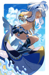 Rule 34 | 1girl, :d, absurdres, ame akira, bare shoulders, blue hair, blue hairband, blue nails, blue sky, border, braid, cloud, commentary, crop top, dark-skinned female, dark skin, fingernails, from side, genshin impact, hairband, highres, light blue hair, long hair, looking at viewer, midriff, mualani (genshin impact), multicolored hair, nail polish, open mouth, orange eyes, outdoors, outside border, shark, simple bird, sky, smile, solo, surfing, twitter username, upper body, very long hair, white border, white hair