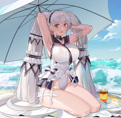 Rule 34 | 1girl, absurdly long hair, adapted costume, armpits, arms behind head, azur lane, beach umbrella, black choker, black sailor collar, blue sky, breasts, cake, cake slice, choker, covered navel, food, formidable (azur lane), formidable (timeless classics) (azur lane), hair ornament, highres, huge breasts, kibawa, long hair, looking at viewer, official alternate costume, one-piece swimsuit, open mouth, red eyes, sailor collar, silver hair, sky, solo, swimsuit, twintails, two-tone ribbon, umbrella, veil, very long hair, water, waves