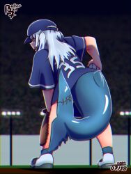 1girl artist_name ball baseball baseball_(object) baseball_cap baseball_field baseball_glove baseball_stadium baseball_uniform bent_over black_sky blue_eyes blue_footwear blue_hair blue_hat blue_shirt brown_gloves commentary crowd dated english_commentary fins fish_tail from_behind full_body gawr_gura gloves hair_ornament hand_on_own_hip hand_on_own_leg hat highres holding holding_ball hololive hololive_english lamppost leaning_forward long_hair looking_ahead multicolored_hair night no_pants outdoors pitcher pitching redlerred7 shark_hair_ornament shark_tail sharp_teeth shirt shoes short_sleeves signature sky sneakers solo sportswear spread_legs stadium standing streaked_hair tail teeth two-tone_footwear two-tone_hair two_side_up virtual_youtuber white_footwear white_hair wide_sleeves