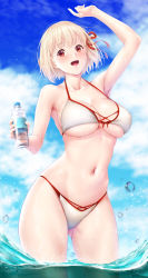 Rule 34 | 1girl, bare shoulders, bikini, blonde hair, blush, breasts, cleavage, collarbone, hair ribbon, highres, large breasts, looking at viewer, lycoris recoil, navel, nishikigi chisato, ocean, open mouth, red eyes, red ribbon, ribbon, short hair, smile, solo, swimsuit, thighs, zucchini