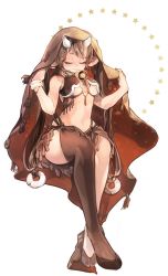 Rule 34 | 1girl, animal ears, bangle, bell, blanket, bracelet, braid, breasts, brown hair, brown thighhighs, closed eyes, closed mouth, cow ears, cow horns, crossed legs, full body, horns, invisible chair, jewelry, long hair, medium breasts, midriff, navel, o-ring, original, personification, simple background, single thighhigh, sitting, skirt, smile, solo, sparkle, star (symbol), star print, taurus (zodiac), thighhighs, twin braids, twintails, very long hair, white background, zodiac, zorim