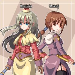 Rule 34 | 2girls, acolyte (ragnarok online), back-to-back, biretta, black thighhighs, blue eyes, breasts, brown background, brown capelet, brown eyes, brown gloves, brown hair, brown skirt, capelet, character name, closed mouth, commentary request, cowboy shot, dress, expressionless, from behind, garter straps, gloves, grey hair, habit, hair tubes, holding, holding staff, juliet sleeves, long hair, long sleeves, looking at viewer, looking back, low ponytail, medium bangs, medium breasts, multiple girls, pink shirt, pixel art, priest (ragnarok online), puffy sleeves, purple dress, ragnarok online, shirt, skirt, smile, staff, thighhighs, toshi6786