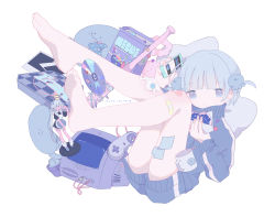 Rule 34 | 1girl, bandaid, bandaid on knee, bandaid on leg, bare legs, barefoot, blue eyes, blue hair, blue jacket, blue shorts, blunt bangs, cd, cellphone, cereal, cereal box, club, club (weapon), controller, crt, cup, doughnut, figure, food, full body, game controller, gauze, high collar, highres, holding, holding food, holding phone, jacket, jellyfish hair ornament, legs up, light blue hair, long sleeves, looking at viewer, lying, mug, on back, original, outo eguchi, parted lips, phone, photo (object), pill, pillow, pizza box, polaroid, short hair, short shorts, shorts, simple background, smartphone, solo, spiked club, super famicom gamepad, television, title, track jacket, turtleneck, turtleneck jacket, wavy eyes, weapon, white background