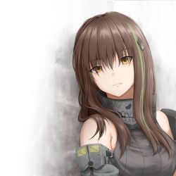 Rule 34 | 1girl, bare shoulders, breasts, brown eyes, brown hair, closed mouth, commentary request, girls&#039; frontline, green hair, hair between eyes, hair ornament, highres, ichisanroku, long hair, looking at viewer, m4a1 (girls&#039; frontline), m4a1 (mod3) (girls&#039; frontline), medium breasts, mod3 (girls&#039; frontline), ribbed sweater, solo, sweater, upper body