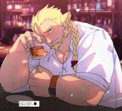Rule 34 | 1boy, alternate costume, animal ears, bara, beard, blonde hair, collared shirt, cup, drinking glass, drunk, facial hair, fujishima kazuya, full beard, glint, hand up, happy, highres, holding, holding cup, huckle (live a hero), large pectorals, live a hero, male focus, mature male, muscular, muscular male, one eye covered, pectoral cleavage, pectorals, shirt, smile, sparse arm hair, thick eyebrows, upper body, wine glass