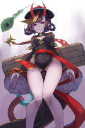 Rule 34 | 1girl, black dress, blush, breasts, chinese clothes, cleavage cutout, clothing cutout, dawito, dress, fang, fate/grand order, fate (series), fingernails, from below, hat, heroic spirit chaldea park outfit, highres, horns, jiangshi, knees together feet apart, long fingernails, long sleeves, looking at viewer, nail polish, ofuda, oni, peacock feathers, pelvic curtain, purple eyes, purple hair, qingdai guanmao, sash, short hair, shuten douji (fate), shuten douji (festival outfit) (fate), skin-covered horns, small breasts, smile, solo