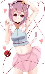 Rule 34 | 1girl, absurdres, animal ears, arm up, armpits, black hairband, blue shirt, blush, breasts, cat ears, cat tail, closed mouth, collar, collared shirt, hair between eyes, hairband, hands up, heart, highres, komeiji satori, looking at viewer, mantou xiang, medium breasts, navel, pink eyes, pink skirt, purple hair, shirt, short hair, simple background, skirt, smile, solo, standing, tail, third eye, touhou, white background