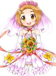Rule 34 | 1girl, back bow, bad id, bad pixiv id, bare shoulders, blush, bouquet, bow, bride, brown eyes, brown hair, collarbone, dress, elbow gloves, female focus, flat chest, flower, gloves, hair flower, hair ornament, hairclip, hands up, holding, idolmaster, idolmaster cinderella girls, looking at viewer, matching hair/eyes, neck ribbon, open mouth, own hands together, pink flower, ratryu, red flower, red ribbon, red rose, ribbon, rose, ryuzaki kaoru, shiny skin, short hair, simple background, smile, solo, standing, straight-on, strapless, strapless dress, sunflower, teeth, thigh gap, thighhighs, veil, wedding dress, white background, white dress, white flower, white gloves, white thighhighs, yellow bow, yellow flower, zettai ryouiki