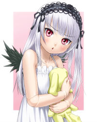 Rule 34 | &gt;:o, 00s, 1girl, :o, blunt bangs, chemise, child, hugging doll, doll joints, hairband, head tilt, ichikawa masahiro, joints, kunkun, looking at viewer, hugging object, purple eyes, rozen maiden, silver hair, suigintou, upper body, v-shaped eyebrows, wings