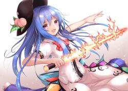Rule 34 | 1girl, :d, black headwear, blue hair, bow, bowtie, center frills, commentary, food, frills, fruit, gradient background, highres, hinanawi tenshi, holding, holding sword, holding weapon, leaf, long hair, looking at viewer, open mouth, peach, rainbow order, red bow, red bowtie, red eyes, short sleeves, smile, solo, sword, sword of hisou, touhou, weapon, white background, yuyu hane
