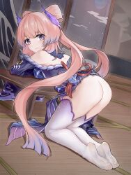 Rule 34 | 1girl, absurdres, ass, bare shoulders, bent over, bottomless, closed mouth, crossed arms, dress, frown, genshin impact, highres, indoors, long hair, looking back, multicolored hair, pink hair, purple eyes, purple hair, sangonomiya kokomi, solo, table, tatami, thighhighs, twintails, white thighhighs, zzbbc