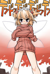 Rule 34 | &gt;:), 1girl, akou roushi, alternate costume, bare legs, blue eyes, bottomless, brown hair, crossed arms, fang, female focus, fire, gunbuster pose, hair ribbon, headdress, long sleeves, naked sweater, no pants, oversized clothes, ribbed sweater, ribbon, short hair, sleeves past wrists, smile, solo, standing, sunny milk, sweater, top wo nerae!, touhou, translation request, twintails, v-shaped eyebrows, wings