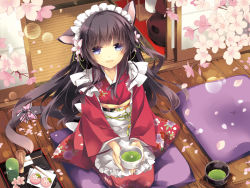 Rule 34 | 1girl, :d, animal ears, apron, artist request, black hair, blue eyes, bow, cat ears, cat tail, chasen, cherry blossoms, day, flower, food, from above, hair flower, hair ornament, hanami, japanese clothes, kimono, looking at viewer, maid, maid headdress, open mouth, original, pillow, porch, red kimono, seiza, sitting, smile, solo, tail, tatami, tea, wa maid, wagashi